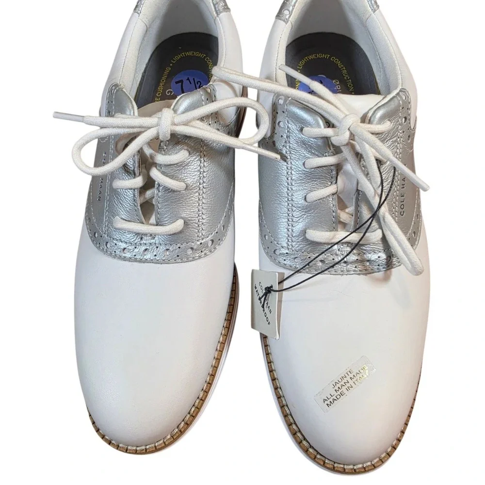 NEW Cole Haan Womens 7.5 Golf Shoes White Silver ØriginalGrand Waterproof Saddle